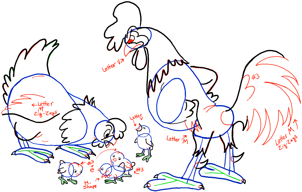 How to Draw Cartoon Chickens with a Hen, a Rooster, and Baby Chicks