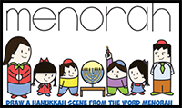 How to Draw Cartoon Kids Lighting a Menorah for Hanukkah / Chanukah Word Cartoon Easy Step by Step Drawing Tutorial for Jewish Kids
