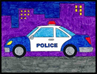 Easy How to Draw a Police Car Tutorial Video and Police Car Coloring Page