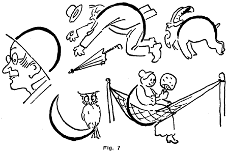 Draw any desired curves and angles and then construct human figures based on these lines. Subjects of a humorous character will be found the easiest to produce.